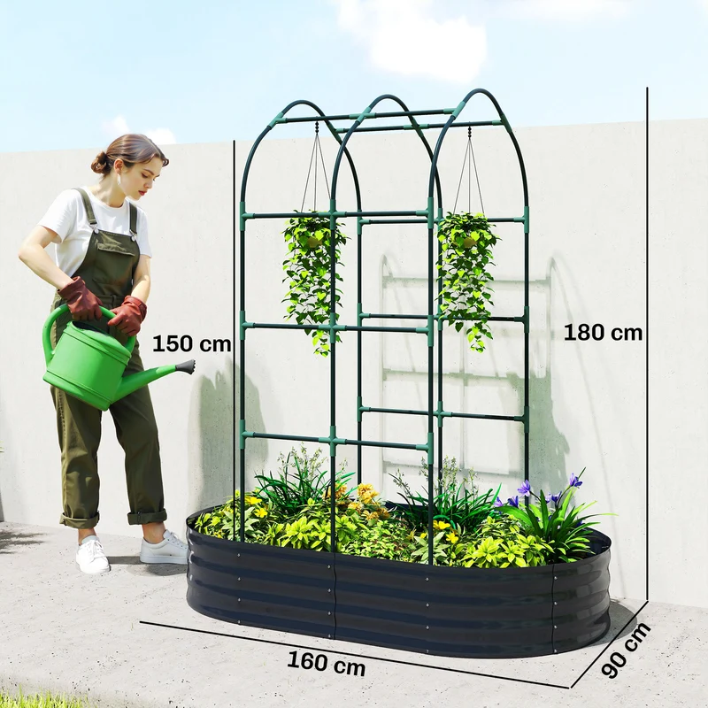 Jardinière surélevée treillis arche support plantes 160 x 90 x 180 cm drainage modulaire industriel en métal gris foncé 21_0005639