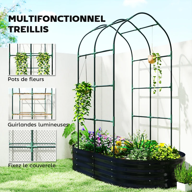 Jardinière surélevée treillis arche support plantes 160 x 90 x 180 cm drainage modulaire industriel en métal gris foncé 21_0005639