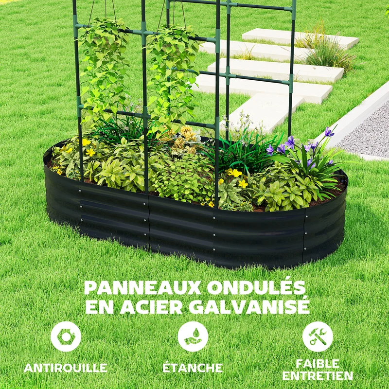 Jardinière surélevée treillis arche support plantes 160 x 90 x 180 cm drainage modulaire industriel en métal gris foncé 21_0005639