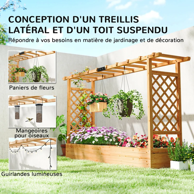 Jardinière surélevée treillis 200 x 44 x 113,5 cm grand espace plantation écran d'intimité rustique en bois naturel 21_0005607