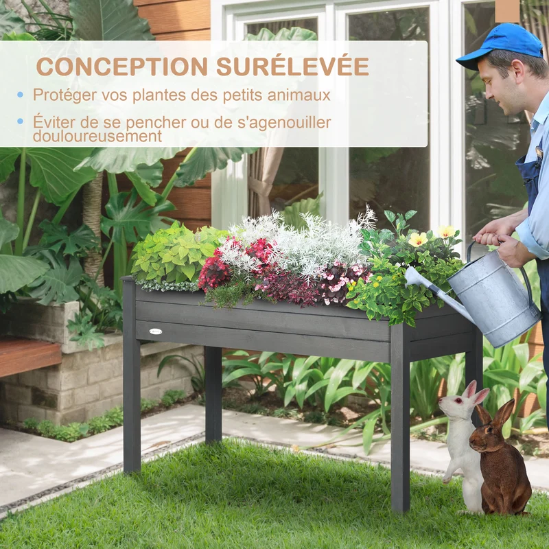 Jardinière potager surélevée 122 x 56 x 76 cm anti-nuisibles doublure respirante style rustique extérieur en bois gris 21_0004119
