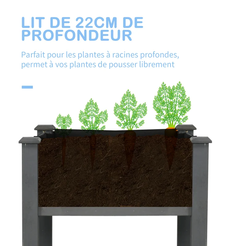 Jardinière potager surélevée 122 x 56 x 76 cm anti-nuisibles doublure respirante style rustique extérieur en bois gris 21_0004119