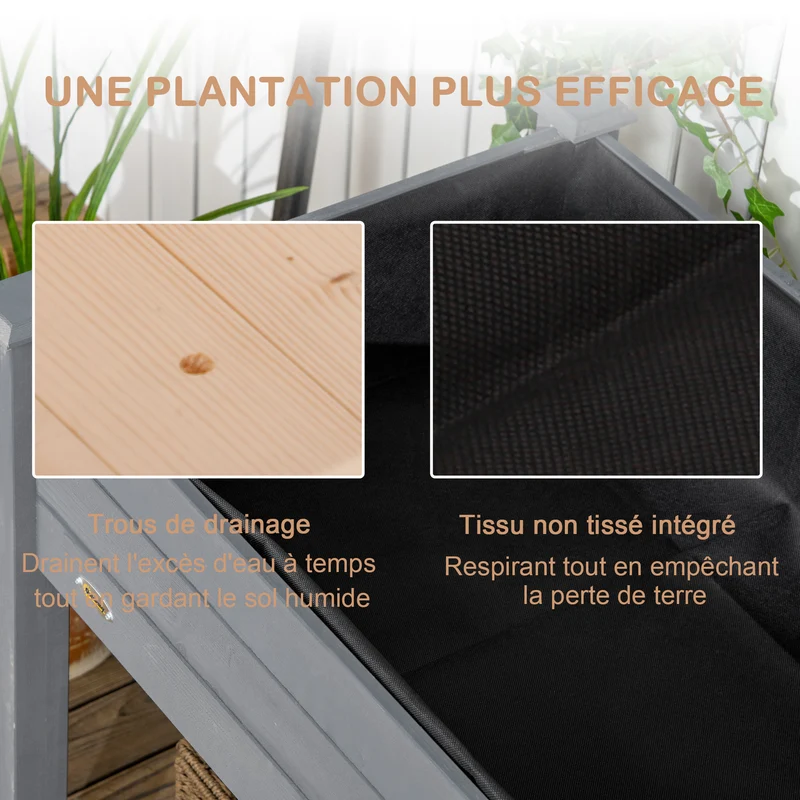 Jardinière potager surélevée 122 x 56 x 76 cm anti-nuisibles doublure respirante style rustique extérieur en bois gris 21_0004119