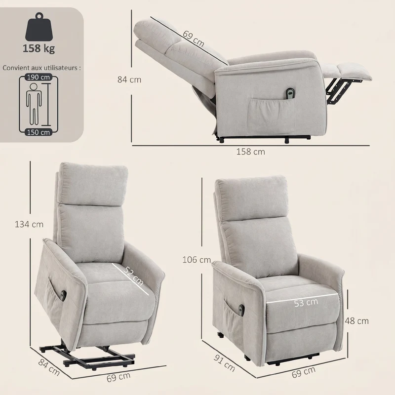 Fauteuil releveur électrique relax 69 x 91 x 106 cm aide au lever assise ressorts contemporain en chenille gris clair 21_0000920