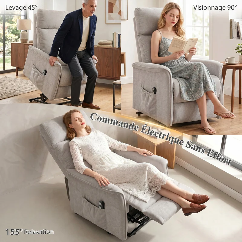 Fauteuil releveur électrique relax 69 x 91 x 106 cm aide au lever assise ressorts contemporain en chenille gris clair 21_0000920