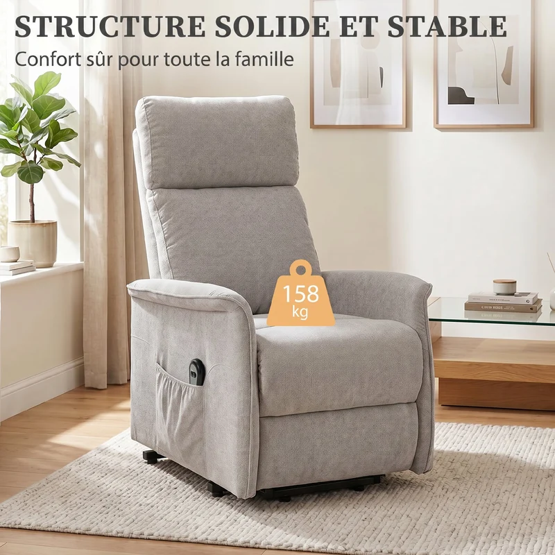 Fauteuil releveur électrique relax 69 x 91 x 106 cm aide au lever assise ressorts contemporain en chenille gris clair 21_0000920