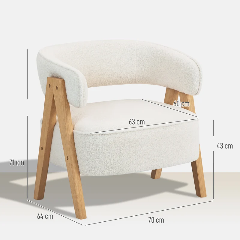 Fauteuil de salon dossier courbé 70 x 64 x 71 cm assise large rembourrée pieds bois scandinave en tissu bouclette blanc 21_0003585