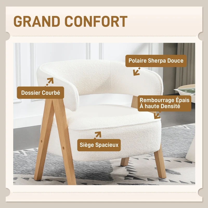 Fauteuil de salon dossier courbé 70 x 64 x 71 cm assise large rembourrée pieds bois scandinave en tissu bouclette blanc 21_0003585