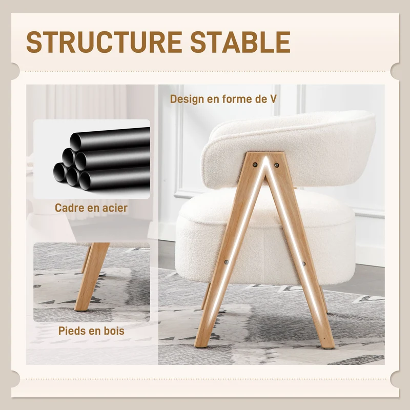 Fauteuil de salon dossier courbé 70 x 64 x 71 cm assise large rembourrée pieds bois scandinave en tissu bouclette blanc 21_0003585