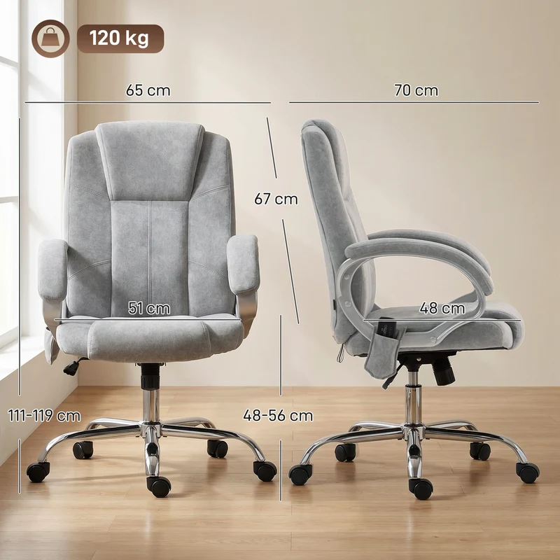 Fauteuil de bureau 65 x 70 x 111-119 cm massage lombaire chauffant accoudoirs réglables bascule moderne en velours gris 21_0006311