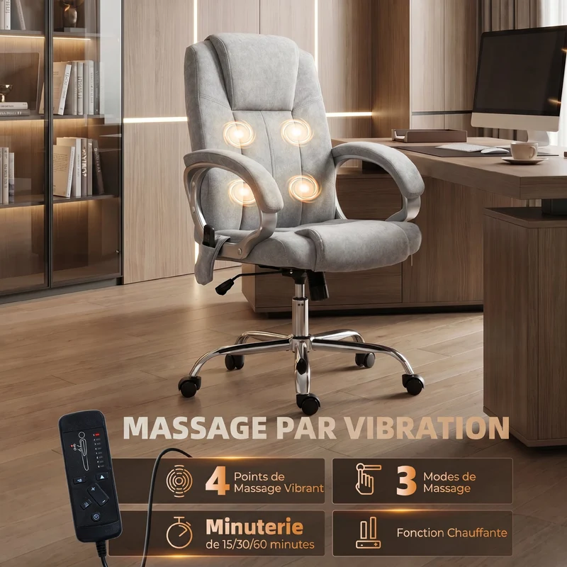 Fauteuil de bureau 65 x 70 x 111-119 cm massage lombaire chauffant accoudoirs réglables bascule moderne en velours gris 21_0006311