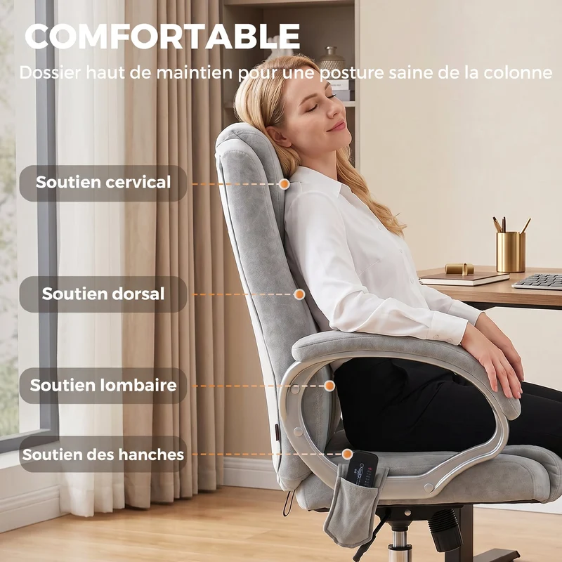 Fauteuil de bureau 65 x 70 x 111-119 cm massage lombaire chauffant accoudoirs réglables bascule moderne en velours gris 21_0006311