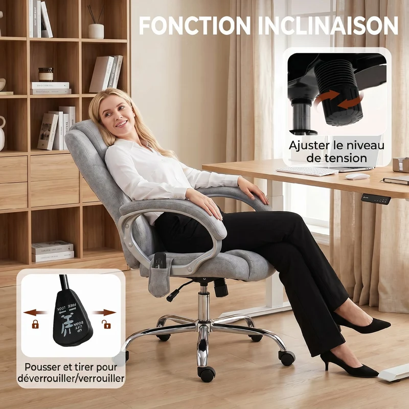 Fauteuil de bureau 65 x 70 x 111-119 cm massage lombaire chauffant accoudoirs réglables bascule moderne en velours gris 21_0006311