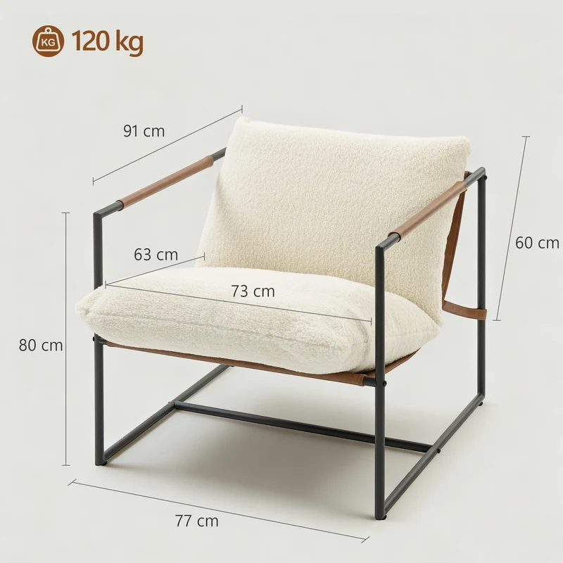 Fauteuil d'appoint salon 77 x 91 x 80 cm assise large 14 cm rembourrée confort moelleux design en tissu bouclette crème 21_0003541