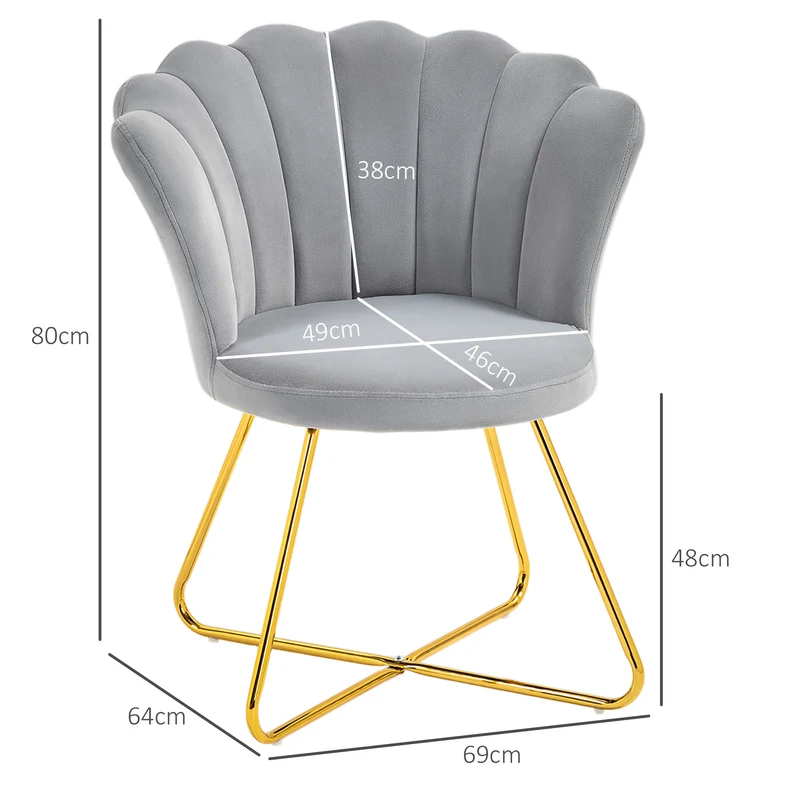 Fauteuil coquillage 69 x 64 x 80 cm confort enveloppant dossier ergonomique pieds acier salon moderne en velours gris 21_0003445