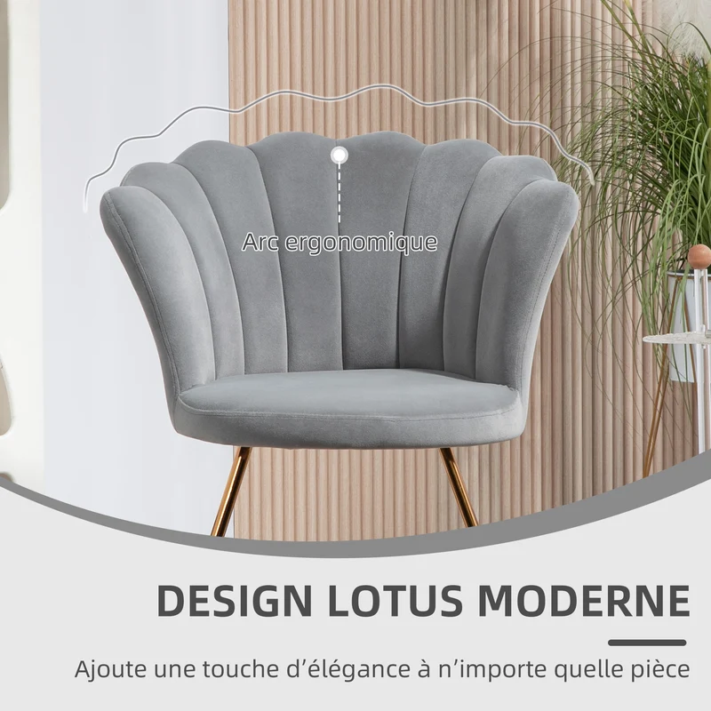 Fauteuil coquillage 69 x 64 x 80 cm confort enveloppant dossier ergonomique pieds acier salon moderne en velours gris 21_0003445