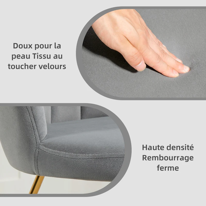 Fauteuil coquillage 69 x 64 x 80 cm confort enveloppant dossier ergonomique pieds acier salon moderne en velours gris 21_0003445