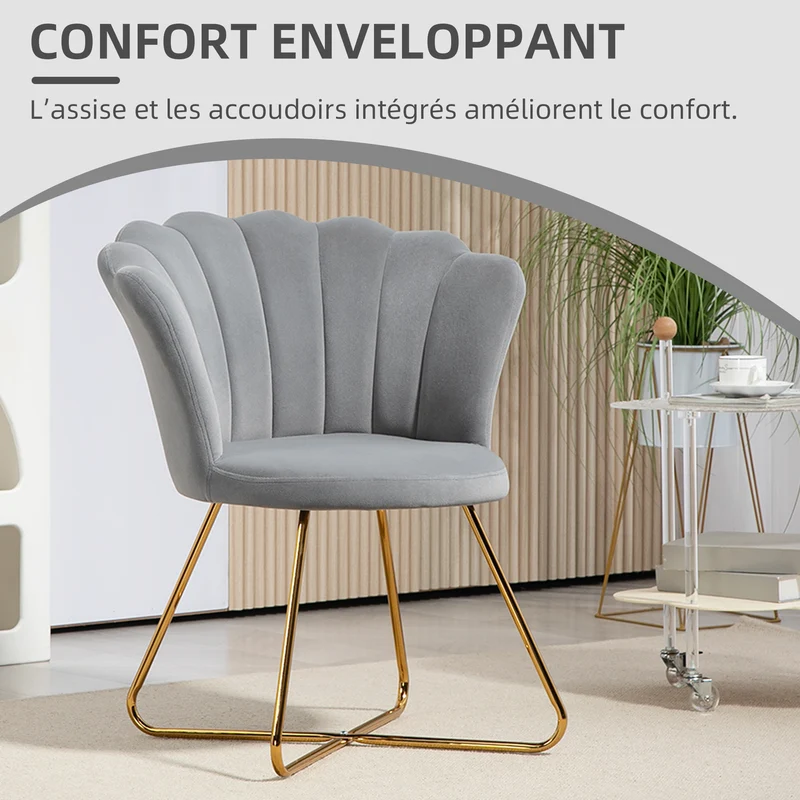 Fauteuil coquillage 69 x 64 x 80 cm confort enveloppant dossier ergonomique pieds acier salon moderne en velours gris 21_0003445