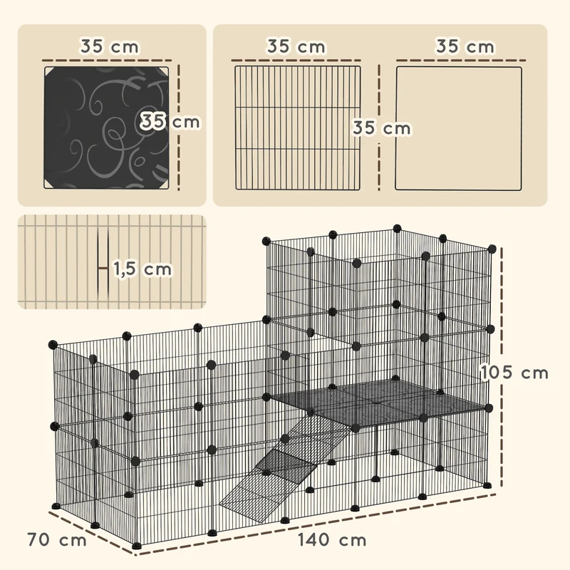 Enclos pour petits animaux modulable 2 niveaux 140 x 70 x 105 cm rampe intégrée barreaux serrés moderne en acier noir 21_0007999