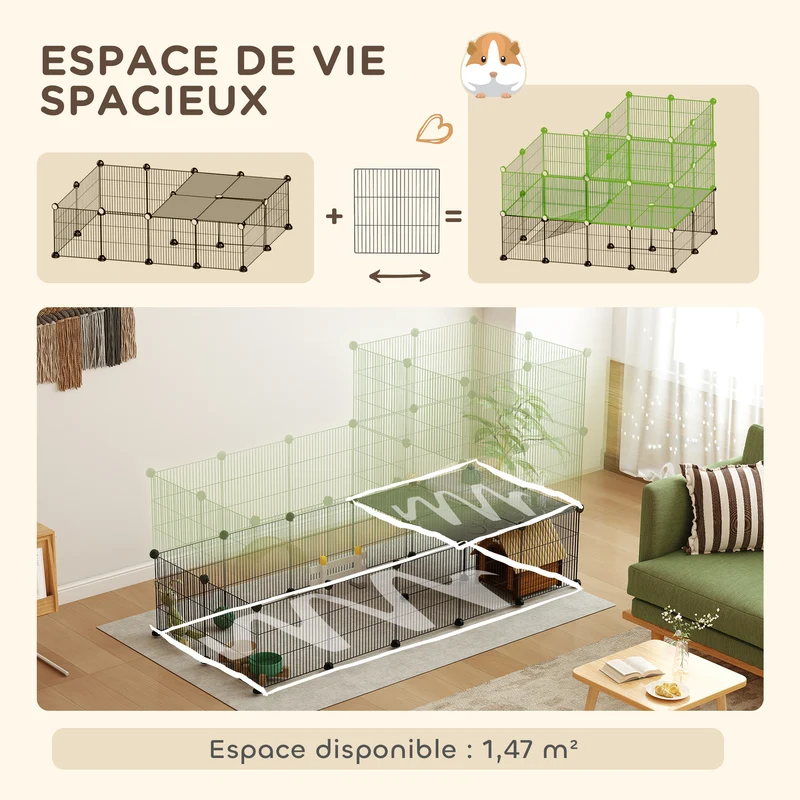 Enclos pour petits animaux modulable 2 niveaux 140 x 70 x 105 cm rampe intégrée barreaux serrés moderne en acier noir 21_0007999