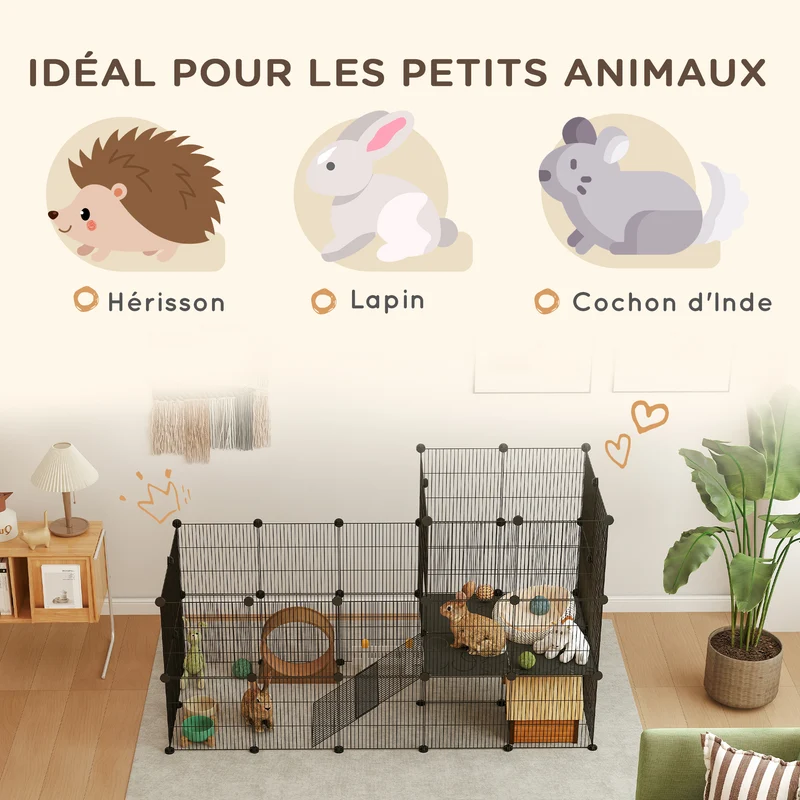 Enclos pour petits animaux modulable 2 niveaux 140 x 70 x 105 cm rampe intégrée barreaux serrés moderne en acier noir 21_0007999