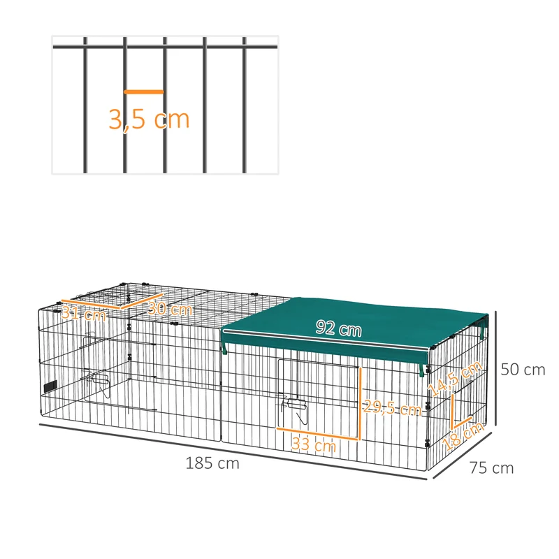 Enclos modulable pour petits animaux intérieur extérieur 185 x 75 x 50 cm sécurité accès facile moderne en acier vert 21_0007969