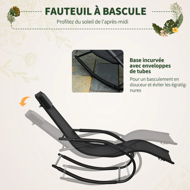 Chaise longue à bascule jardin 62 x 150 x 84 cm assise ergonomique séchage rapide design contemporain en textilène noir 21_0004684
