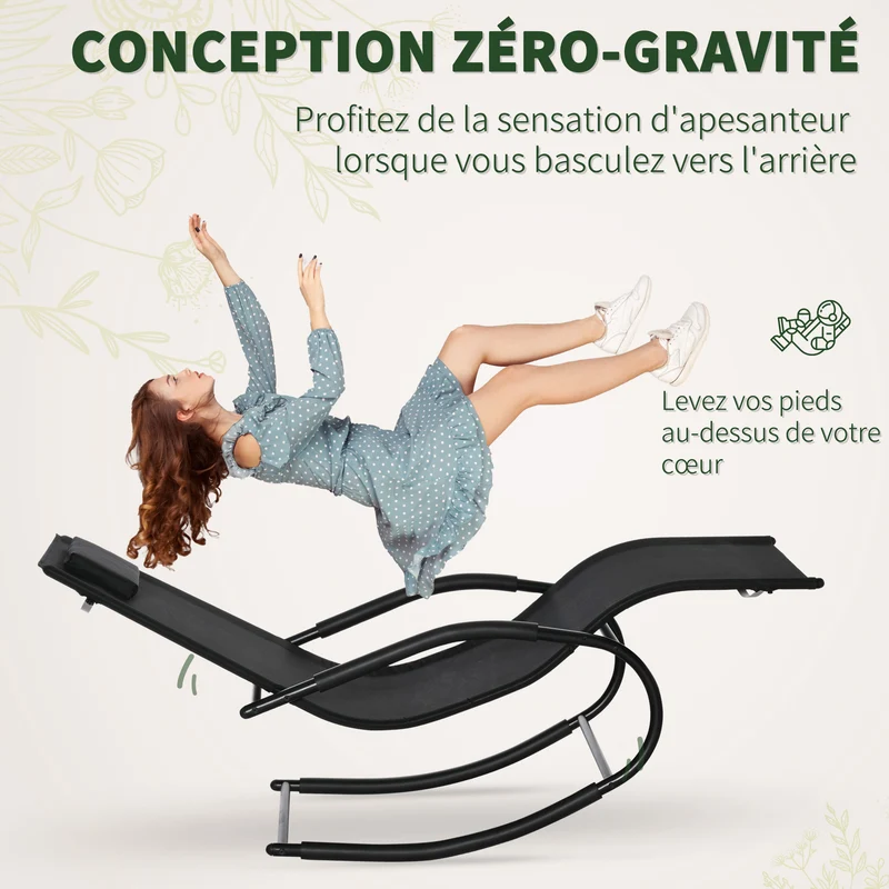 Chaise longue à bascule jardin 62 x 150 x 84 cm assise ergonomique séchage rapide design contemporain en textilène noir 21_0004684