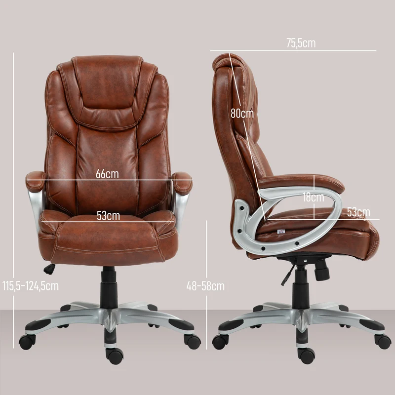 Chaise de bureau à bascule pivotante 360° 66 x 76 x 116-125 cm assise mousse réglable confortable design en PU marron 21_0006272
