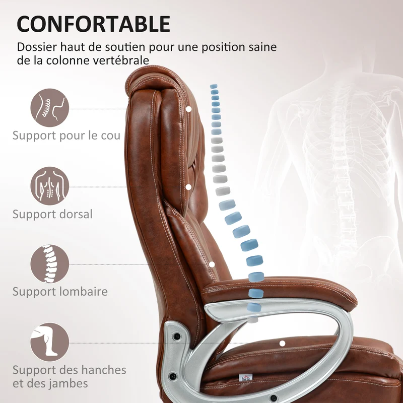 Chaise de bureau à bascule pivotante 360° 66 x 76 x 116-125 cm assise mousse réglable confortable design en PU marron 21_0006272