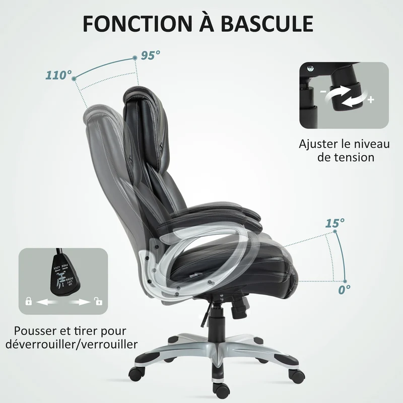 Chaise de bureau à bascule pivotante 360° 66 x 76 x 116-125 cm assise mousse réglable confortable design en PU marron 21_0006272