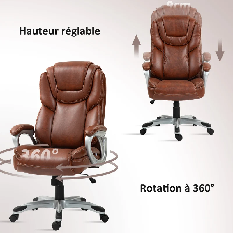 Chaise de bureau à bascule pivotante 360° 66 x 76 x 116-125 cm assise mousse réglable confortable design en PU marron 21_0006272