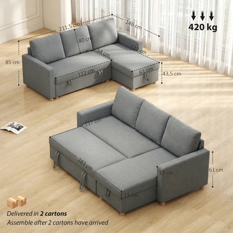 Canapé d'angle 3 places 211,5 x 146 x 85 cm convertible méridienne réversible style moderne épuré en polyester gris 21_0003049