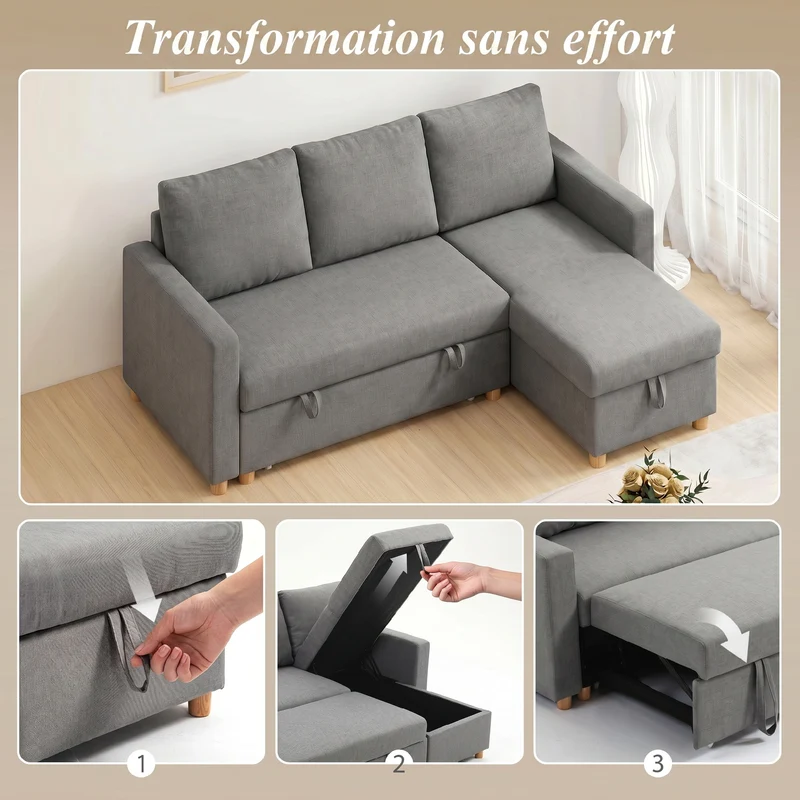 Canapé d'angle 3 places 211,5 x 146 x 85 cm convertible méridienne réversible style moderne épuré en polyester gris 21_0003049