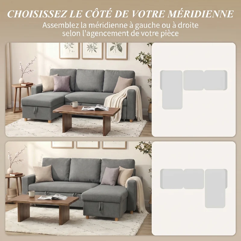 Canapé d'angle 3 places 211,5 x 146 x 85 cm convertible méridienne réversible style moderne épuré en polyester gris 21_0003049