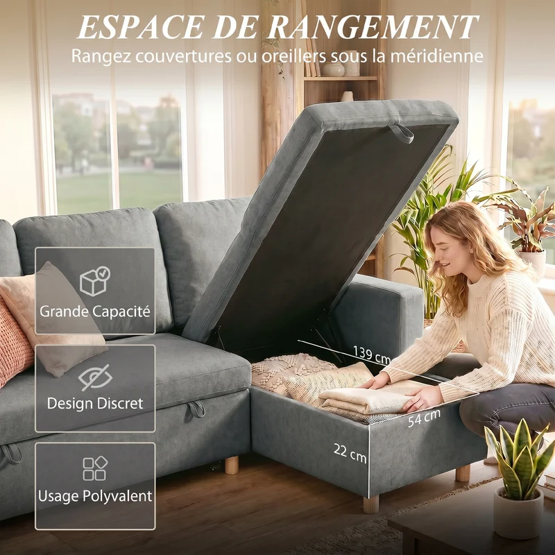 Canapé d'angle 3 places 211,5 x 146 x 85 cm convertible méridienne réversible style moderne épuré en polyester gris 21_0003049