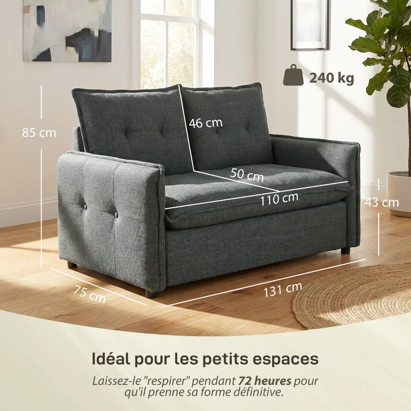 Canapé 2 places compact 131 x 75 x 85 cm assise rembourrée ressorts ensachés moderne épuré confortable en lin gris foncé 21_0003646