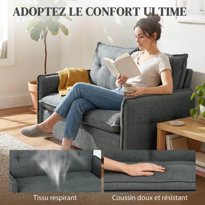 Canapé 2 places compact 131 x 75 x 85 cm assise rembourrée ressorts ensachés moderne épuré confortable en lin gris foncé 21_0003646