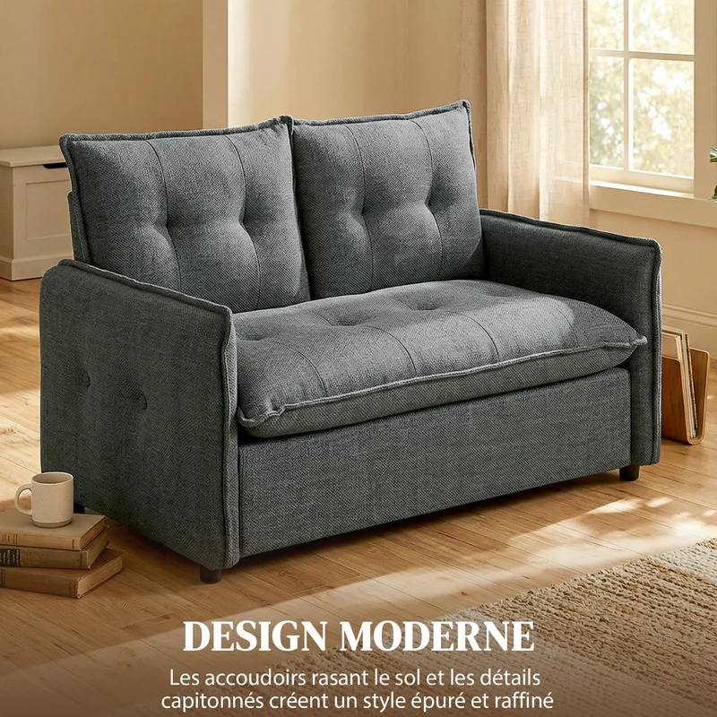 Canapé 2 places compact 131 x 75 x 85 cm assise rembourrée ressorts ensachés moderne épuré confortable en lin gris foncé 21_0003646