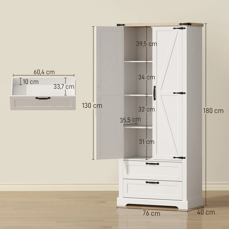 Buffet haut de cuisine 76 x 40 x 180 cm rangement optimisé sécurité anti-basculement rustique et vintage en MDF blanc 21_0003380