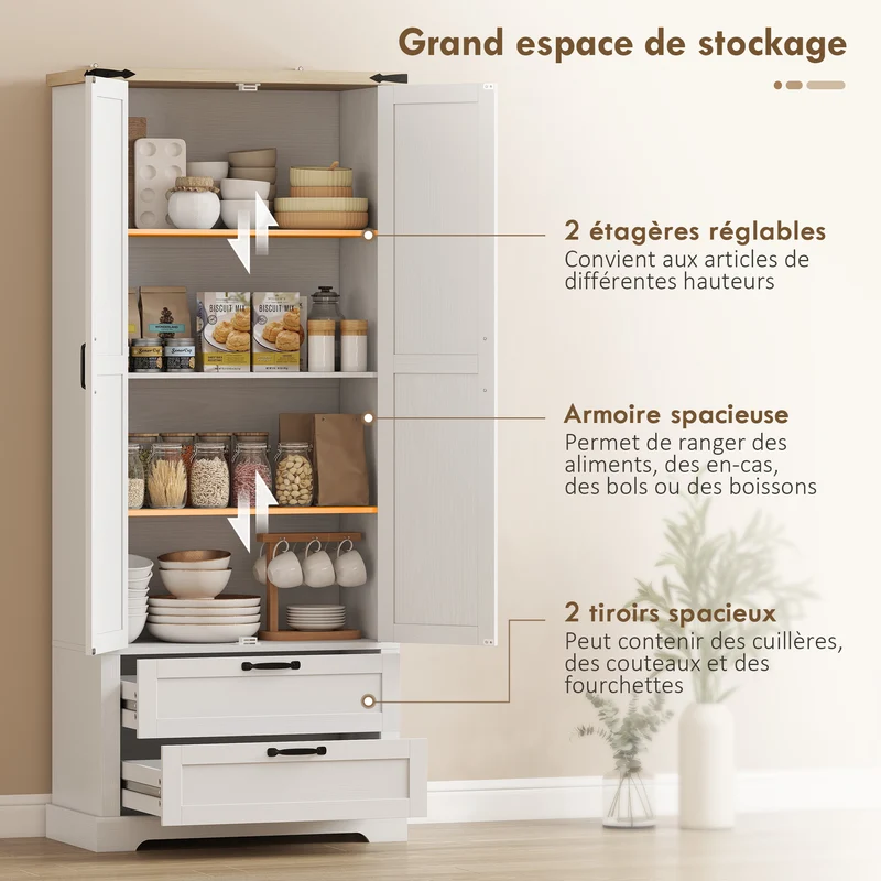 Buffet haut de cuisine 76 x 40 x 180 cm rangement optimisé sécurité anti-basculement rustique et vintage en MDF blanc 21_0003380