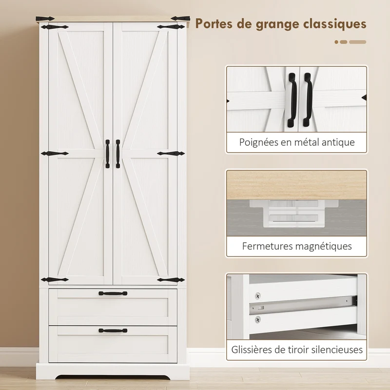 Buffet haut de cuisine 76 x 40 x 180 cm rangement optimisé sécurité anti-basculement rustique et vintage en MDF blanc 21_0003380
