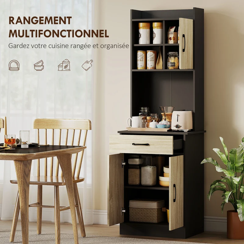 Buffet haut de cuisine 60 x 40 x 180 cm gain de place rangement organisé moderne en panneau de particules bois naturel 21_0003333
