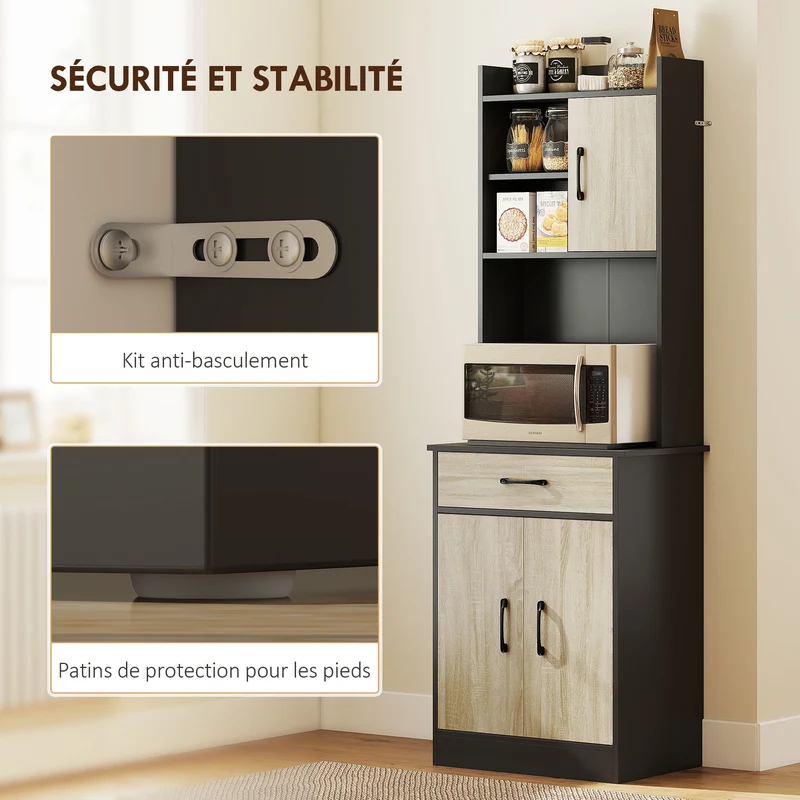 Buffet haut de cuisine 60 x 40 x 180 cm gain de place rangement organisé moderne en panneau de particules bois naturel 21_0003333
