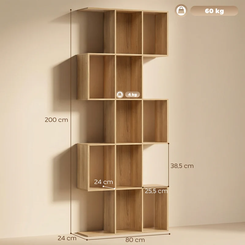 Bibliothèque en forme de s 80 x 24 x 200 cm 15 compartiments rangement gain de place moderne scandinave en MDF chêne 21_0002573