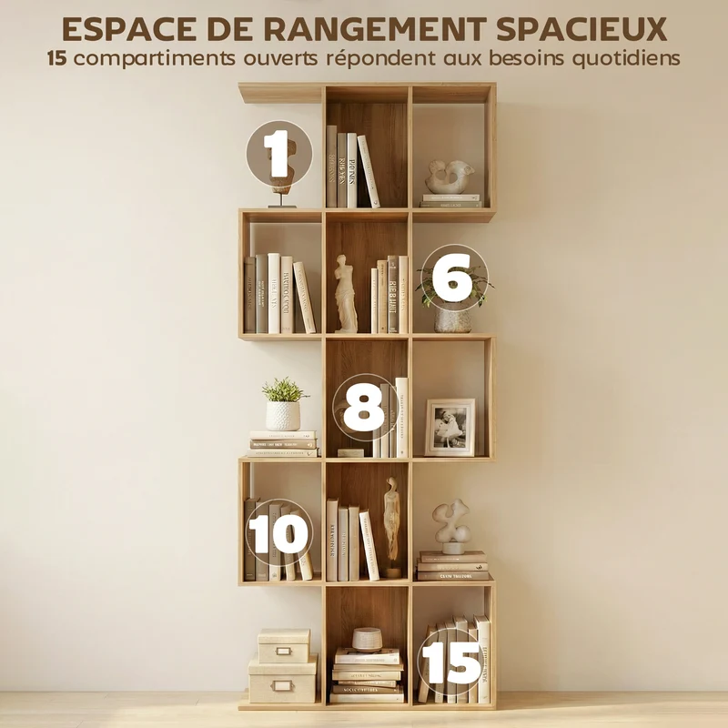 Bibliothèque en forme de s 80 x 24 x 200 cm 15 compartiments rangement gain de place moderne scandinave en MDF chêne 21_0002573
