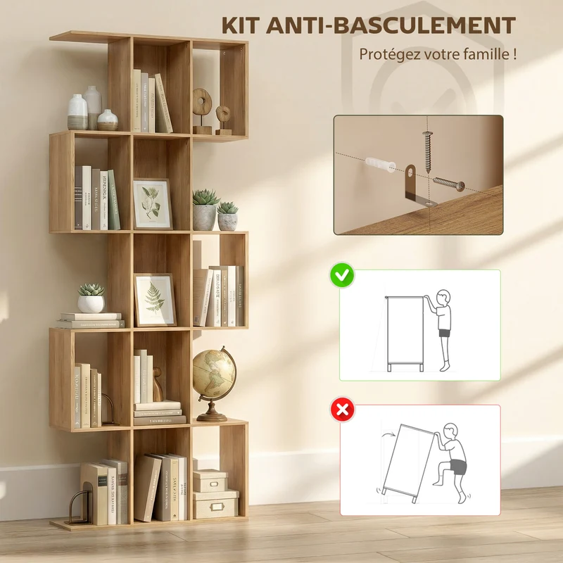 Bibliothèque en forme de s 80 x 24 x 200 cm 15 compartiments rangement gain de place moderne scandinave en MDF chêne 21_0002573