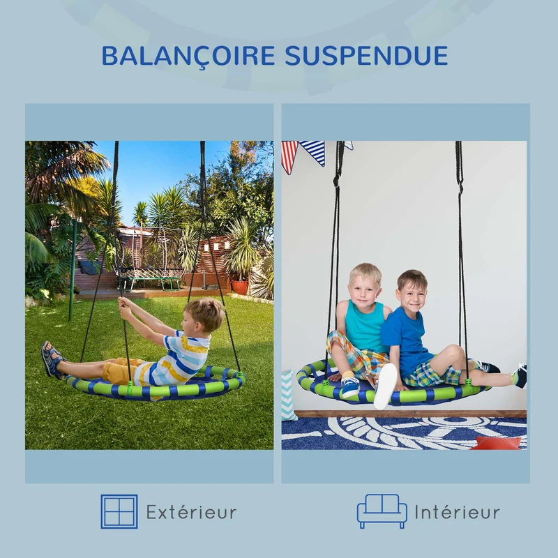 Balançoire nid d'oiseau ronde jardin 100 x 120-180 cm capacité 150 kg assise confortable contemporain en textilène bleu 21_0000365