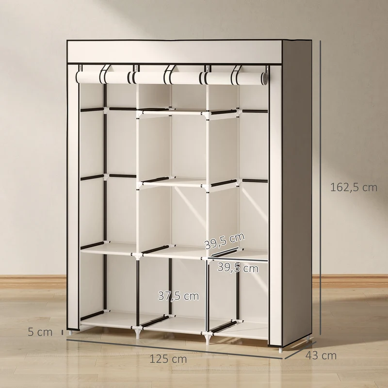 Armoire penderie 125 x 43 x 162,5 cm 8 étagères 2 barres anti poussière chambre moderne pratique en non tissé crème 21_0005816