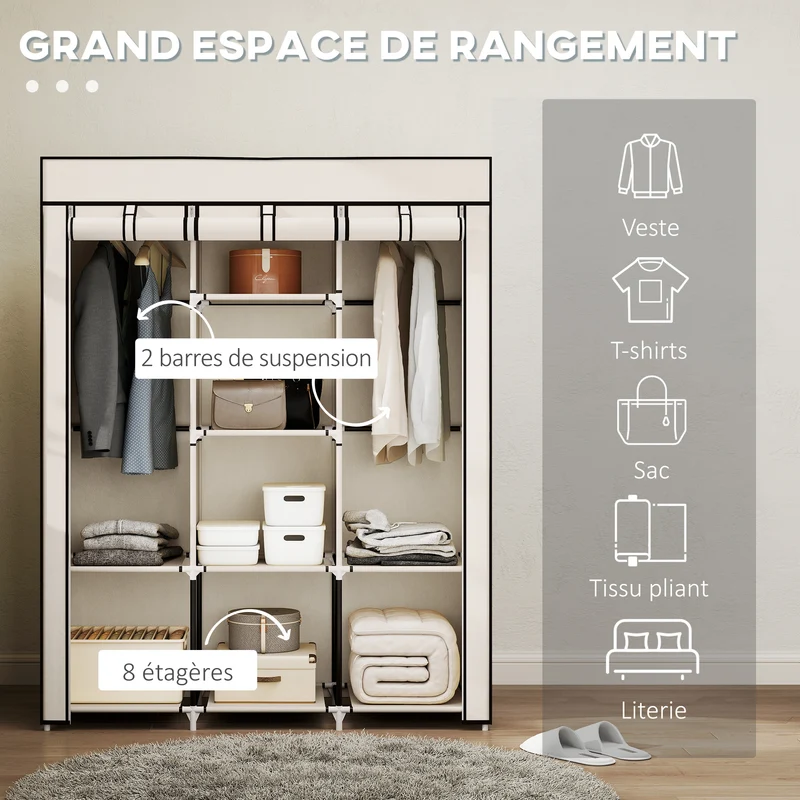 Armoire penderie 125 x 43 x 162,5 cm 8 étagères 2 barres anti poussière chambre moderne pratique en non tissé crème 21_0005816